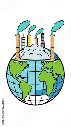 cartoon earth, world under chimneys, thick blanket of industrial smoke and pollution