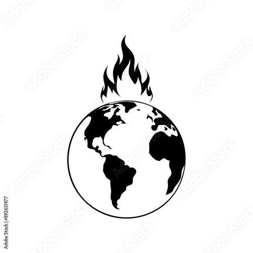 line art planet earth in flames, resembling blazing globe