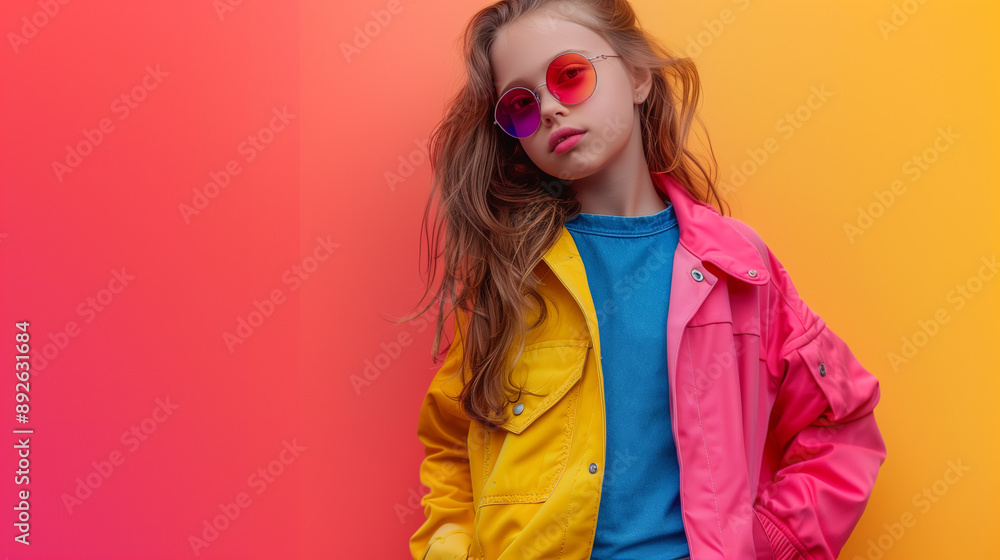 Fashionable young girl, dressed stylishly in clothing with vibrant colors, showcasing modern fashion trends Fashionable young girl, dressed stylishly in clothing with vibrant colors, showcasing modern fashion trends
