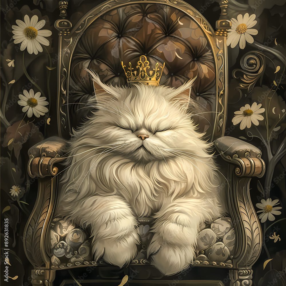 Cute white persian cat asleep in his king's throne. Old illustration ...