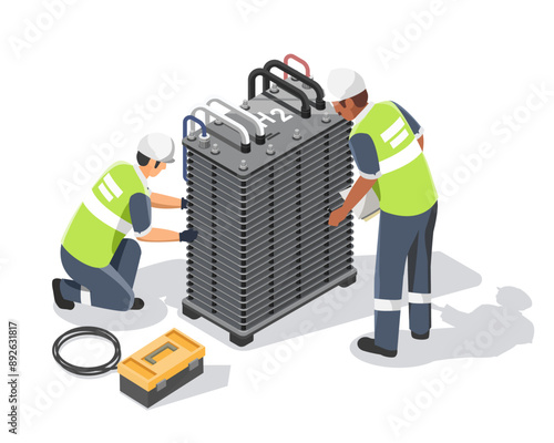 Engineer and technician maintenance service team H2 PEM water electrolyser station green hydrogen module isometric for industrial on white background isolated