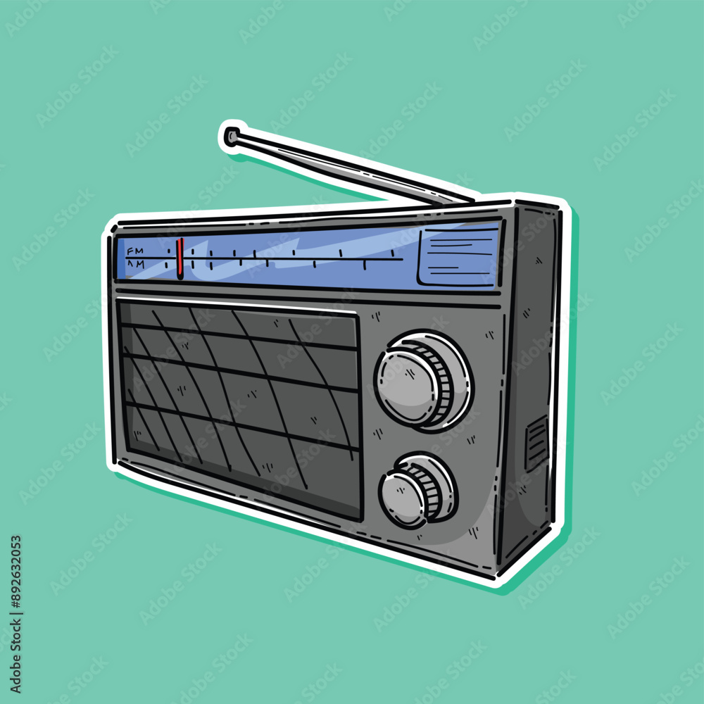 Fototapeta premium Vector poster for radio station with an old radio receiver and inscription Music radio on the background green. Radio broadcasting banner in retro style. Retro portable radio 