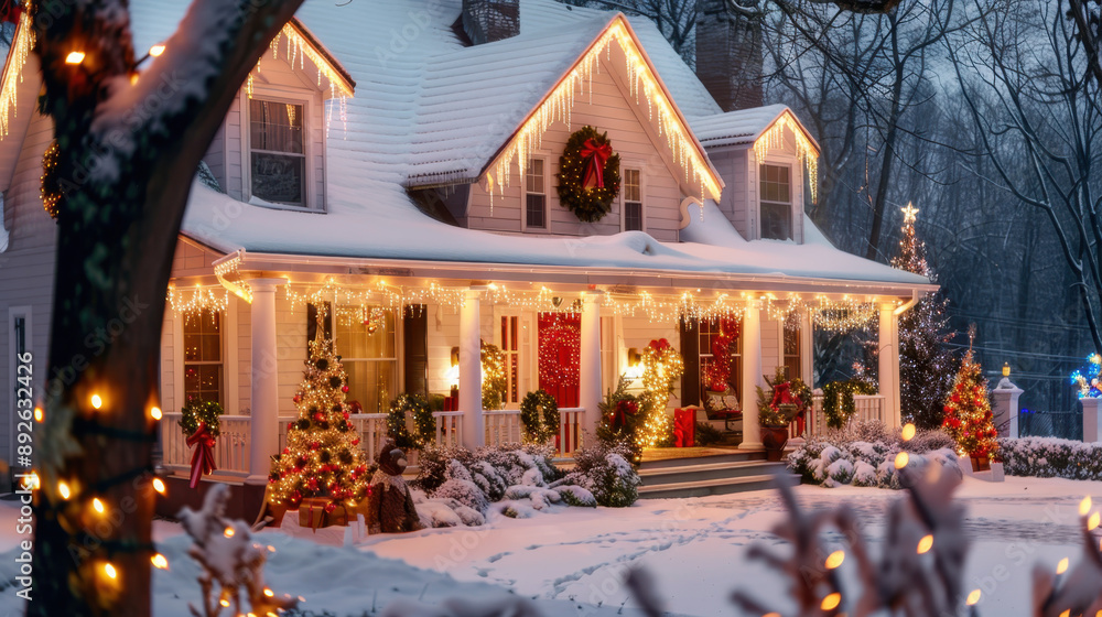 Cozy winter holiday home adorned with festive lights, snow-covered yard, and decorated Christmas trees creating a warm atmosphere Cozy winter holiday home adorned with festive lights, snow-covered yard, and decorated Christmas trees creating a warm atmosphere