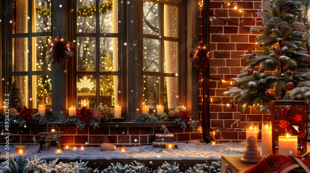 Cozy winter scene with a decorated window, flickering candles, and a snow-covered Christmas tree, creating a warm holiday atmosphere Cozy winter scene with a decorated window, flickering candles, and a snow-covered Christmas tree, creating a warm holiday atmosphere