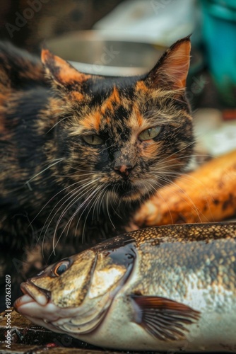 Calico cat with a big fish.