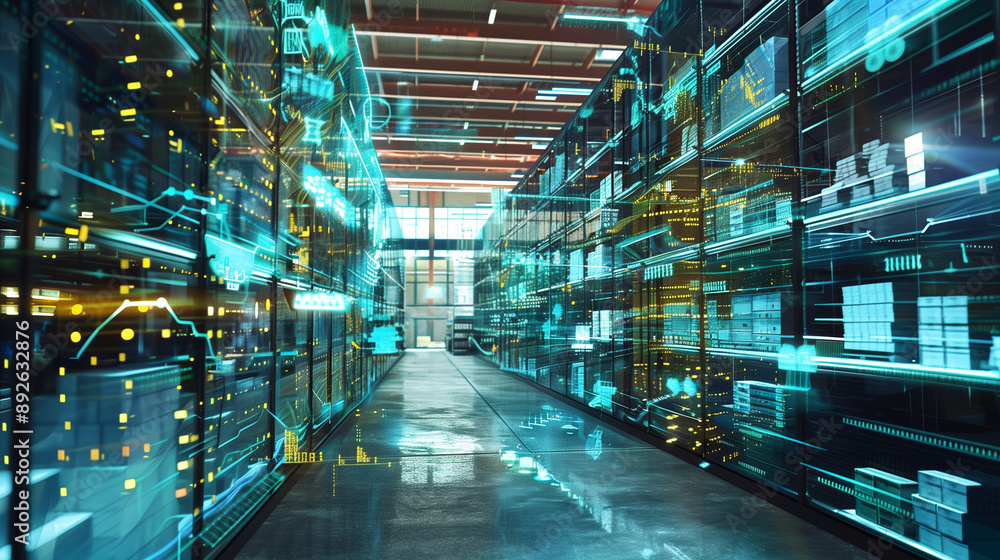 Futuristic data center with holographic projections. Futuristic data center with holographic projections.