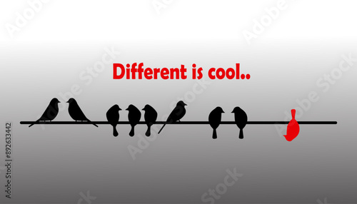 Single white unique bird perching on red of many black ones on dark background. individuality concept. different is cool.