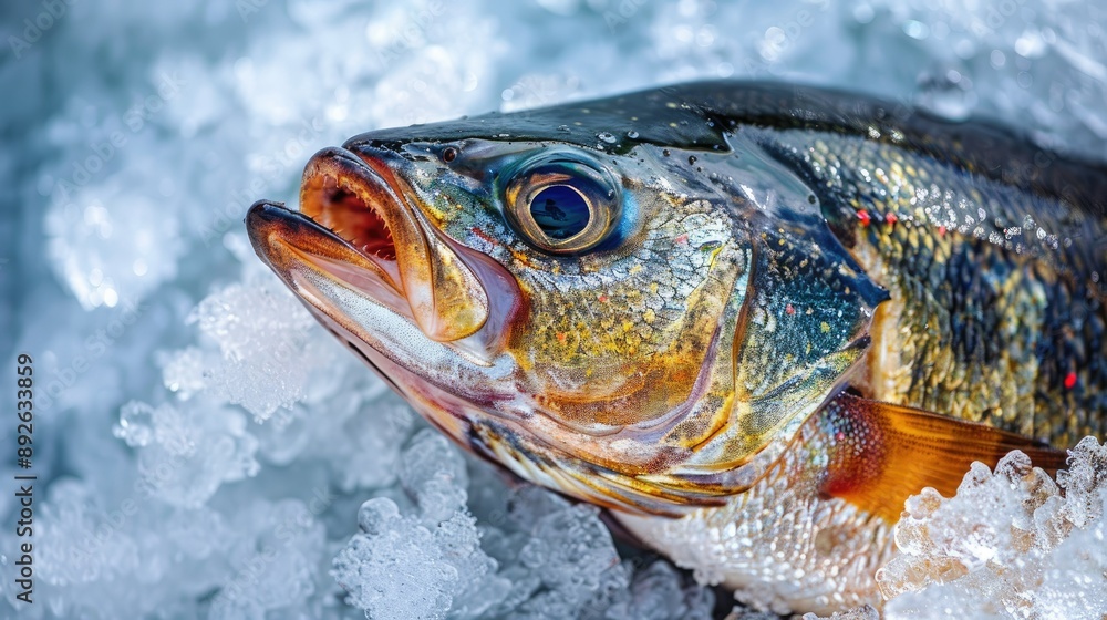 Close-up of a freshly caught fish on a bed of crushed ice, highlighting its vibrant colors and shiny scales Close-up of a freshly caught fish on a bed of crushed ice, highlighting its vibrant colors and shiny scales