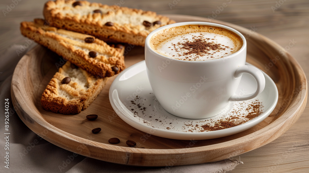 Cappuccino with Biscotti on Wooden Tray Cappuccino with Biscotti on Wooden Tray