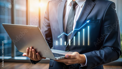 Cost reduction Concept. Businessman use laptop and holding graph with down arrow icon for budget management and cost management. photo