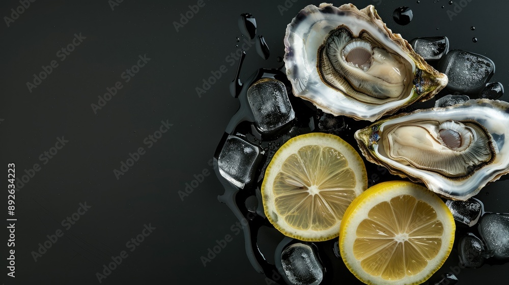 Close-up of Dutch oysters with lemon slices on a stylish black background. Fresh, alive raw seafood Close-up of Dutch oysters with lemon slices on a stylish black background. Fresh, alive raw seafood