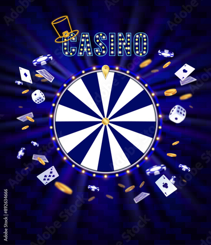 The large casino poster with the blue roulette wheel. Winning the jackpot.