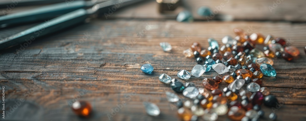 Gemologists elegant desk with scattered gemstones and appraisal tools, depicting thoughtful speculation, elegant speculation gemstone, analytical luxury Gemologists elegant desk with scattered gemstones and appraisal tools, depicting thoughtful speculation, elegant speculation gemstone, analytical luxury