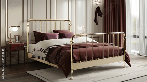 Contemporary Bedroom Decor in Beige and Maroon: Minimalist Style, Brass Bed Frame, Modern Interiors, Trendy Design Elements, Cozy Ambiance, High-Quality Finishes, Sleek Aesthetic