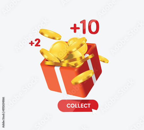 Gold coins are collected in orange Gift box be redeemed for points after shopping online or using delivery services, vector 3d isolated on white background for promotion sale design