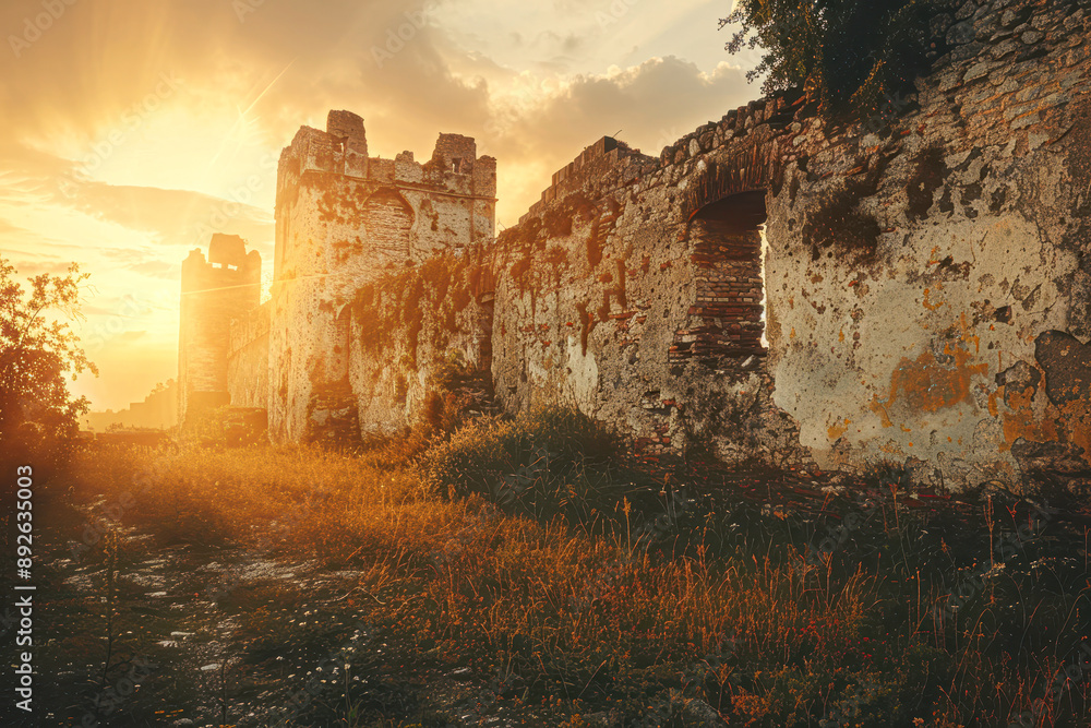 Fototapeta premium A castle with a large window is in the foreground of a field