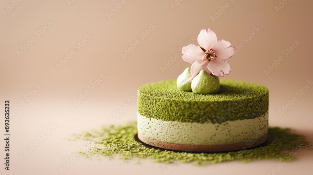 minimalist Japanese matcha cake with a single cherry blossom on top, isolated on a soft beige background minimalist Japanese matcha cake with a single cherry blossom on top, isolated on a soft beige background