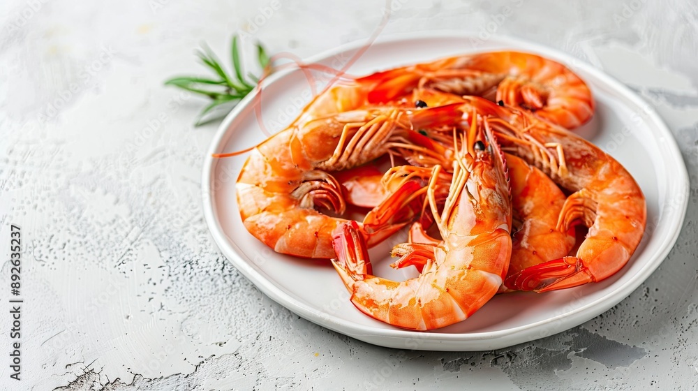 Cooked shrimps on a white plate with a bright background and ample copy space Cooked shrimps on a white plate with a bright background and ample copy space