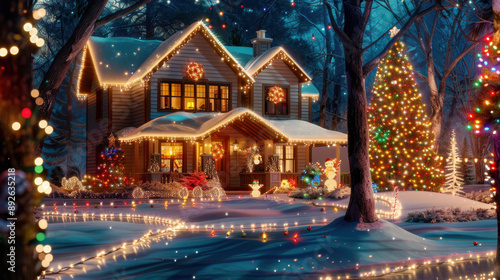 Beautifully decorated house in winter with colorful Christmas lights, a snowy landscape, and festive decorations creating a magical holiday atmosphere