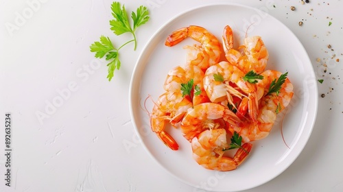 Cooked shrimps on a white plate, bright background, ideal for food promotions