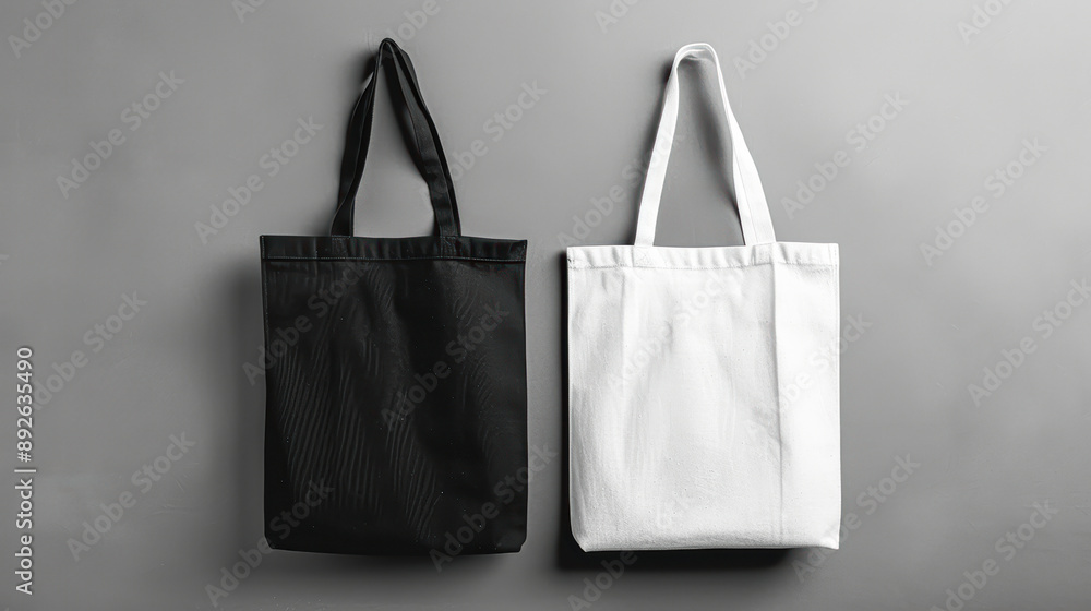 Black and white tote bag mockup on grey background, flat lay with space for text or design Black and white tote bag mockup on grey background, flat lay with space for text or design