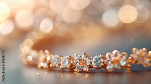 An intricate close-up of a sparkling diamond bracelet showcasing its brilliance against a blurred background, highlighting luxury, elegance, and the allure of fine jewelry. photo