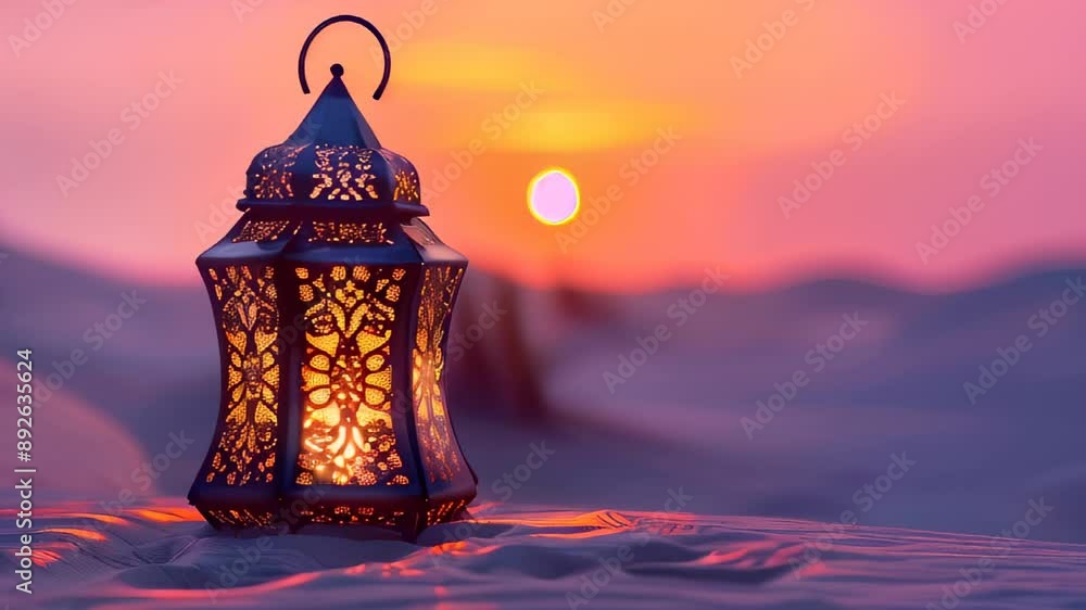 A close-up of a traditional, ornate lantern sitting on the sand, with dunes in the soft focus background during sunset. A close-up of a traditional, ornate lantern sitting on the sand, with dunes in the soft focus background during sunset.