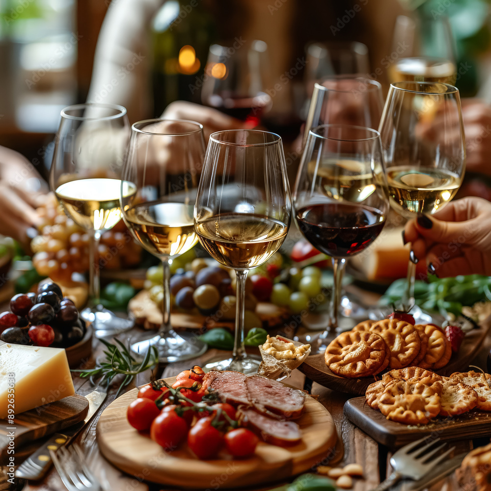 A table with a variety of food and drinks, including wine glasses and a bowl of fruit.