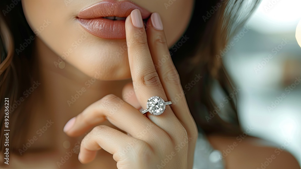 Diamond ring on a woman's ring finger, captured in a sophisticated manner for advertising and brand promotions Diamond ring on a woman's ring finger, captured in a sophisticated manner for advertising and brand promotions
