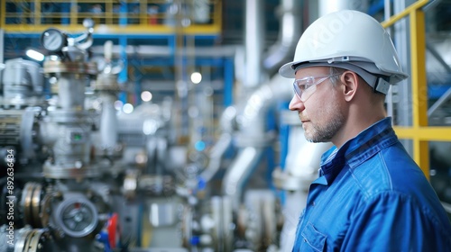 Industrial worker inspecting equipment in an industrial plant. © Wattana