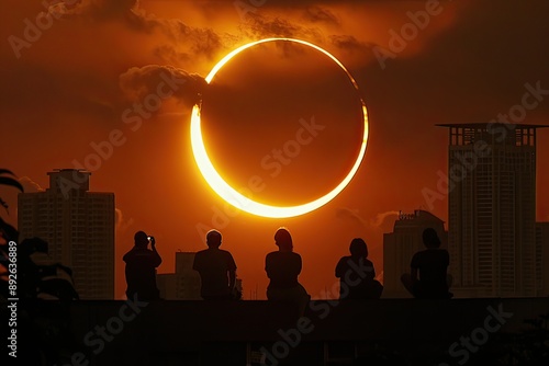 Group of People Watching a Spectacular Eclipse Over the City