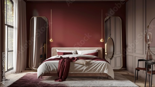 Elegant bedroom interior in maroon and beige with brass-accented mirrors, showcasing stylish and trendy minimalist design elements.