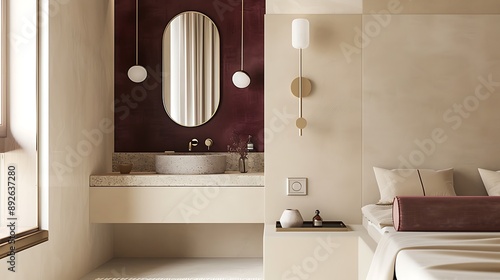 Elegant beige bedroom with burgundy highlights and brass fixtures, featuring stylish, minimalist decor and contemporary aesthetic.