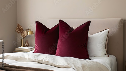 Elegant beige bedroom with burgundy pillows and brass touches, showcasing stylish, minimalist decor.