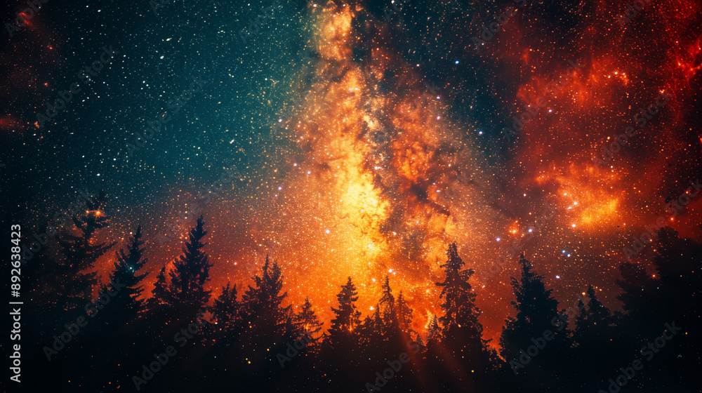 Milky Way galaxy illuminates night sky above silhouetted pine forest. Concept of cosmic wonder and natural beauty. Milky Way galaxy illuminates night sky above silhouetted pine forest. Concept of cosmic wonder and natural beauty.
