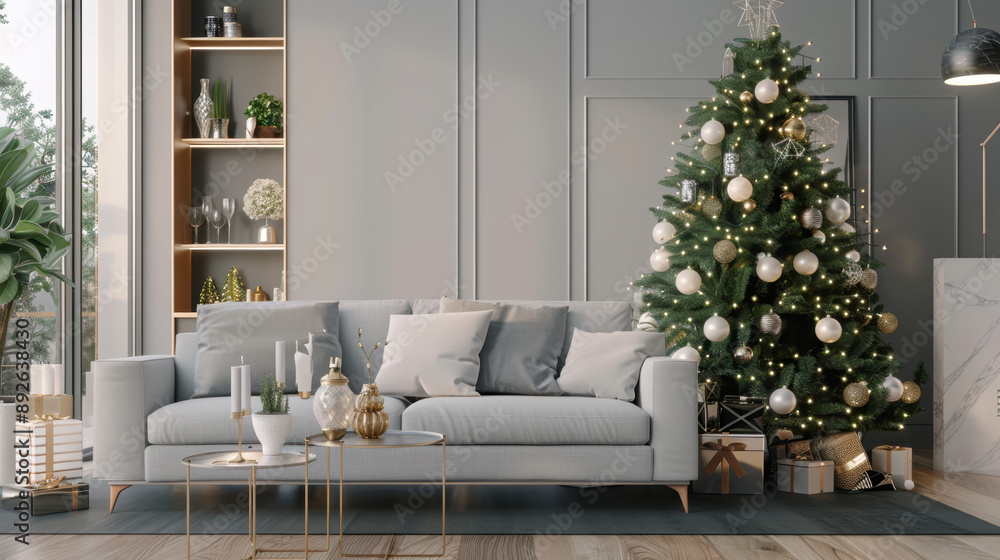 Cozy modern living room with a beautifully decorated Christmas tree, elegant furnishings, and warm holiday atmosphere