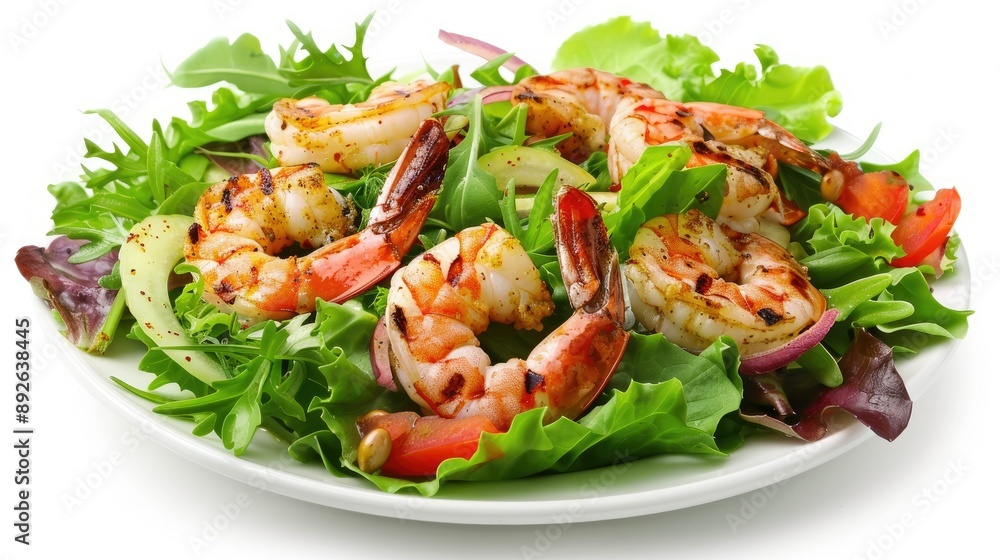 Fresh green salad with grilled shrimp and vegetables, isolated on white background, perfect for showcasing seafood and greens Fresh green salad with grilled shrimp and vegetables, isolated on white background, perfect for showcasing seafood and greens