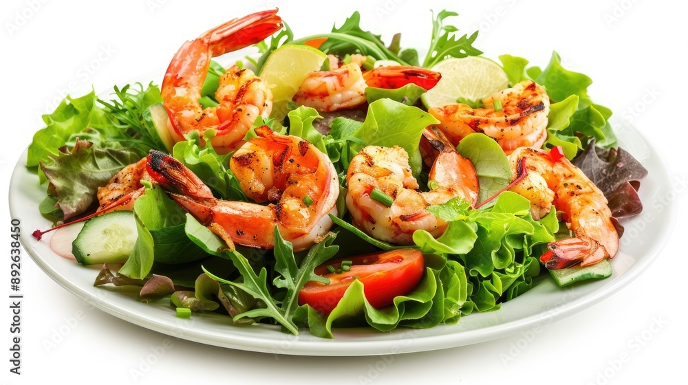 Fresh green salad with grilled shrimp and vegetables, isolated on white background, perfect for showcasing seafood and greens Fresh green salad with grilled shrimp and vegetables, isolated on white background, perfect for showcasing seafood and greens