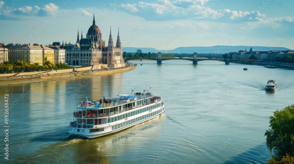 Naklejka premium River cruise boat sailing past historic landmarks and scenic waterfronts