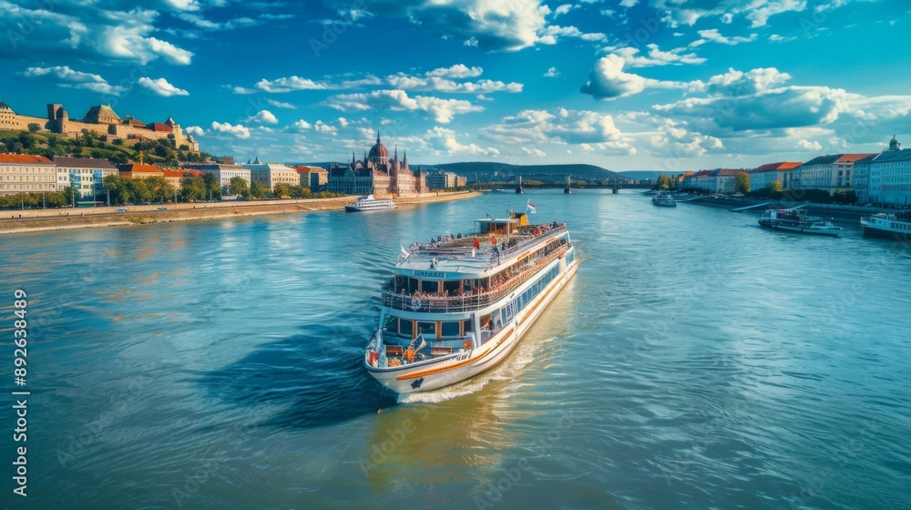 Naklejka premium River cruise boat sailing past historic landmarks and scenic waterfronts