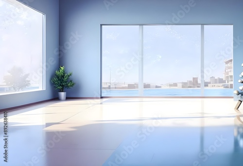 aseptic neutral blue and white luxuty loft in a skyscraper, huge windows with a breathtaking view over the city skyline, single potter plant, elegant, evergreen, empty space, vector photo