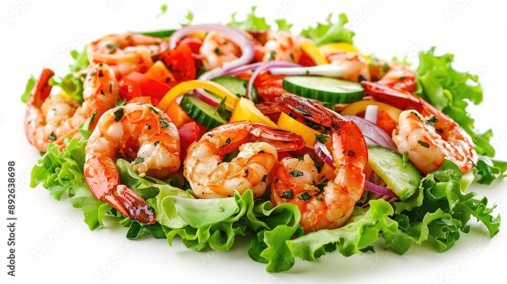 Fresh salad with grilled shrimp and colorful veggies, isolated on white background, perfect for showcasing a healthy meal Fresh salad with grilled shrimp and colorful veggies, isolated on white background, perfect for showcasing a healthy meal