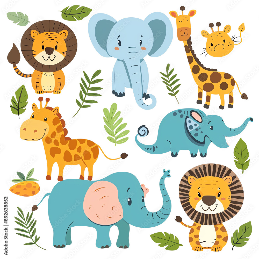 Cute jungle animal illustrations featuring elephants, lions, and giraffes with leafy accents, perfect for kids' decor and educational materials.