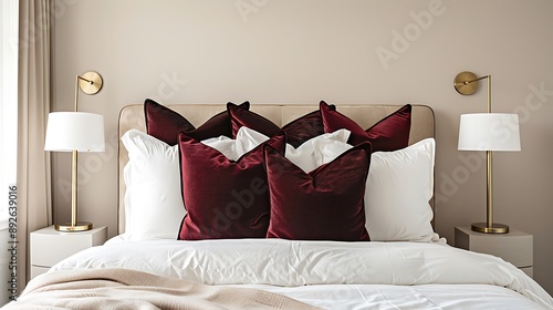 Elegant minimalist bedroom in beige with burgundy pillows and brass details, featuring stylish bedside lamps and a chic aesthetic.