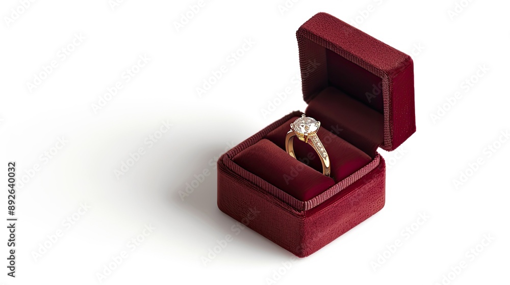 Gold ring with diamond in rich red velvet box, isolated on white background, ideal for proposal branding Gold ring with diamond in rich red velvet box, isolated on white background, ideal for proposal branding