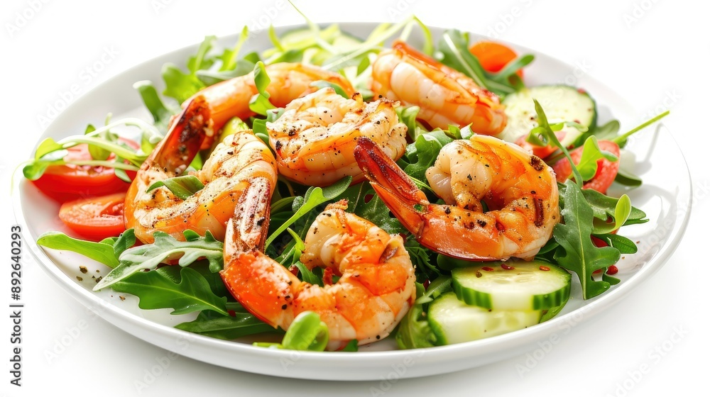 Grilled shrimp on a green salad with vegetables, isolated on white background, emphasizing the healthiness of the seafood dish Grilled shrimp on a green salad with vegetables, isolated on white background, emphasizing the healthiness of the seafood dish