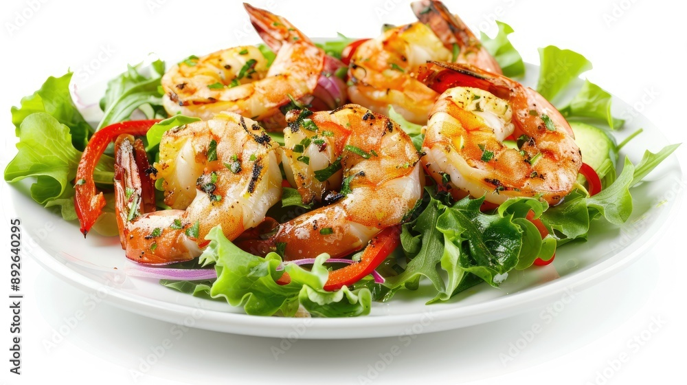 Grilled shrimp on a green salad with veggies, isolated on white background, emphasizing the freshness and healthiness of the dish Grilled shrimp on a green salad with veggies, isolated on white background, emphasizing the freshness and healthiness of the dish