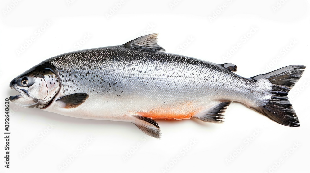 Naklejka premium Isolated raw salmon in mid-fall on a white background, highlighting its freshness and detailed scales