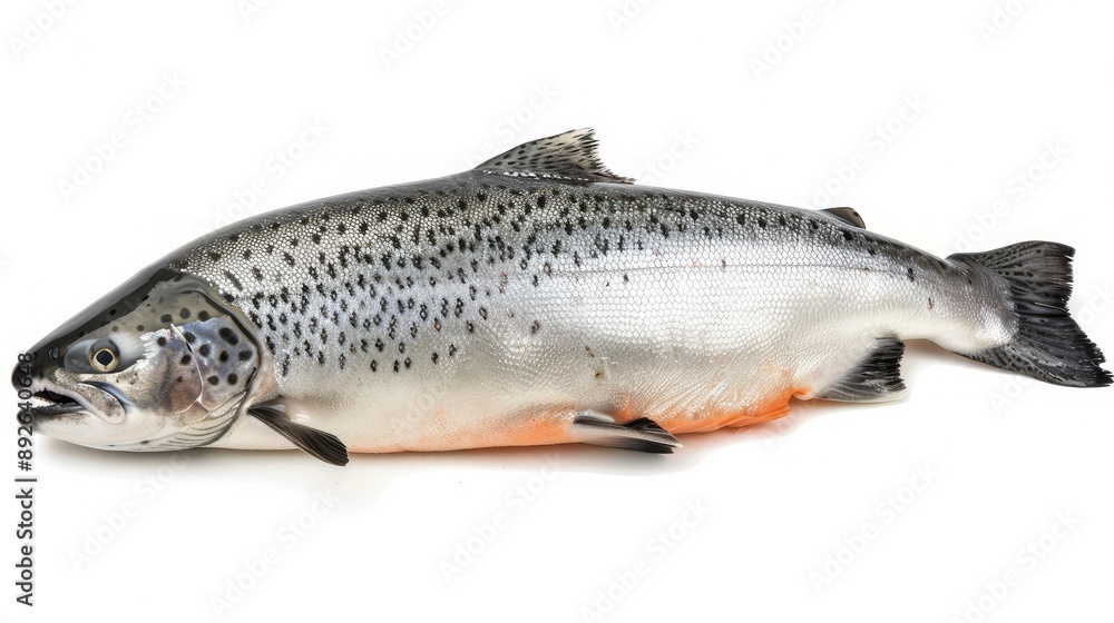 Isolated raw salmon in mid-fall on a white background, highlighting its freshness and detailed scales Isolated raw salmon in mid-fall on a white background, highlighting its freshness and detailed scales