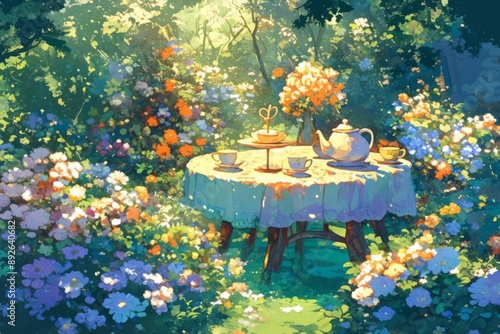 A cozy tea party setup in a lush flower garden, complete with a table, teapot, and blooming flowers